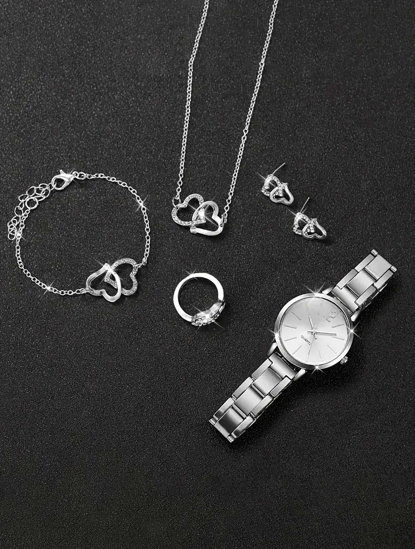 6PCS Casual Fashion Alloy graduated Ladies Rhinestone quartz watch with bracelet Necklace Ring earrings set the best gift itemX240923