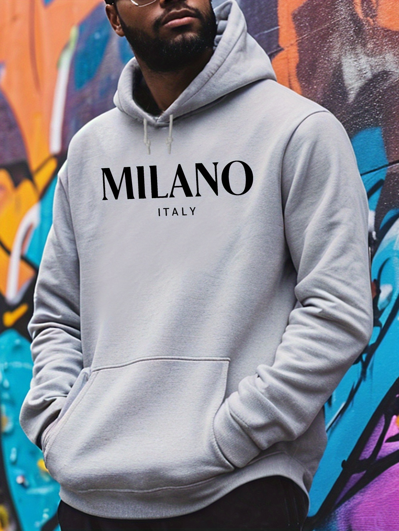 MILANO Italy Letter Print Hoodie - 100% Polyester Knit Fabric with Slight Stretch, Long Sleeve Hooded Sweatshirt, Regular Fit Casual Fleece Pullover f