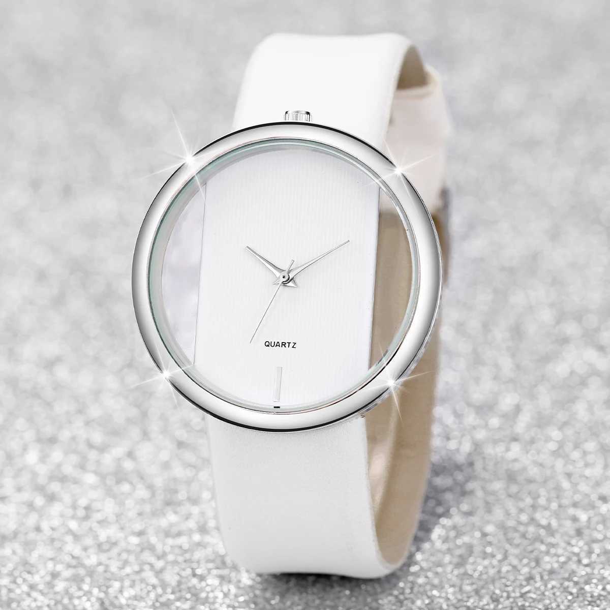 2PCS/Set Womens Watch Pearl Diamond Bracelet Set Fashion Hollow Dial Leather Band Quartz Watches(Without Box)X240923