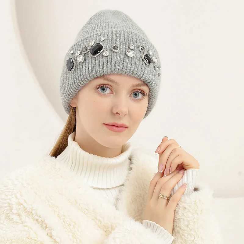 Beanie/Skull Caps Autumn and winter knitted hat rhinestone womens casual tren net red bowler hat warm versatile beanie ear hat J240923