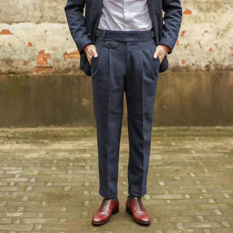 Vintage Gurkha Pants Men England Style High Waist Smart Casual Straight Trousers Autumn Winter Woolen Fashion Naples Suit Pant 240923