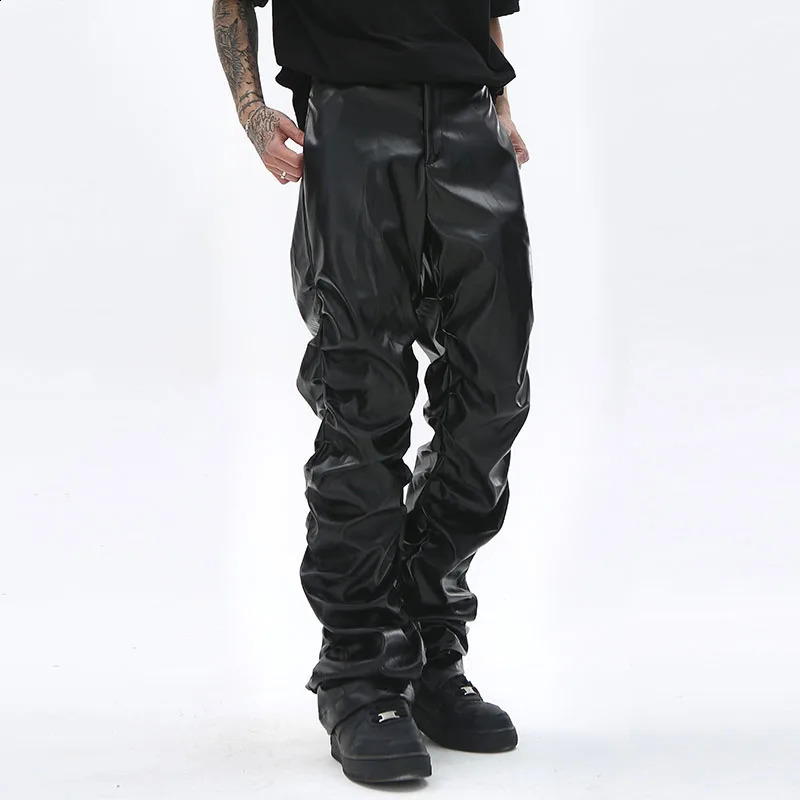 Hip Hop Mens Pleated Pu Leather Pants Harajuku Retro Streetwear Loose Ruched Casual Trousers Straight Solid Color Black Pants 240923