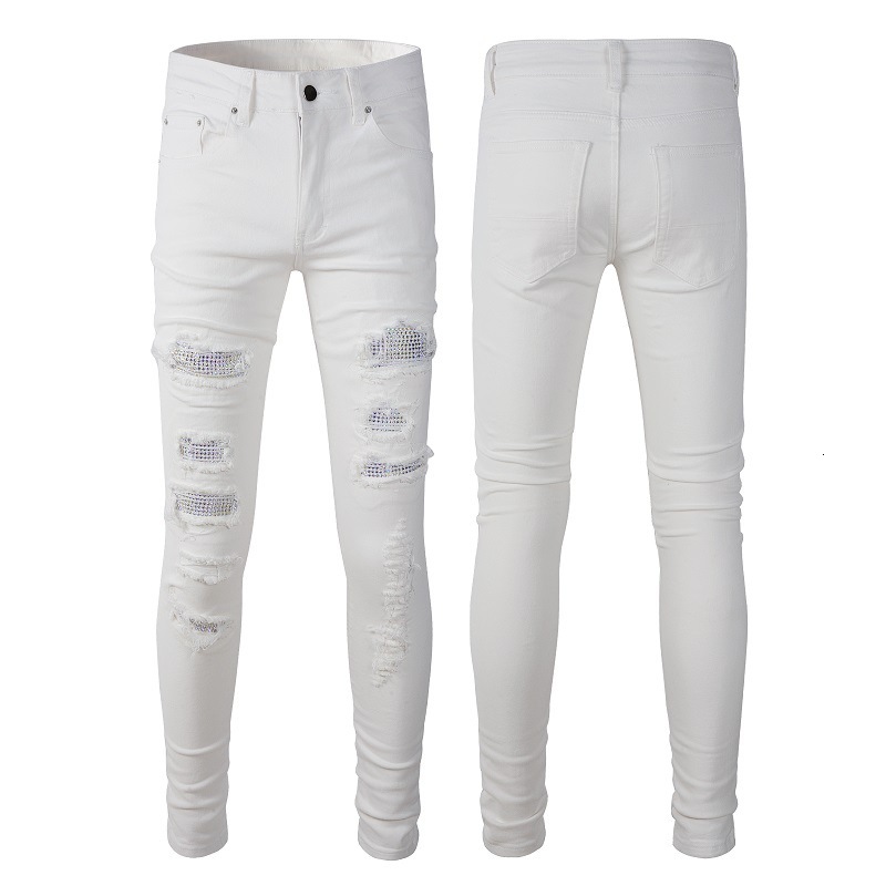 Foreign trade best-selling high street perforated patch with diamond studded elastic slim fit white jeans 625