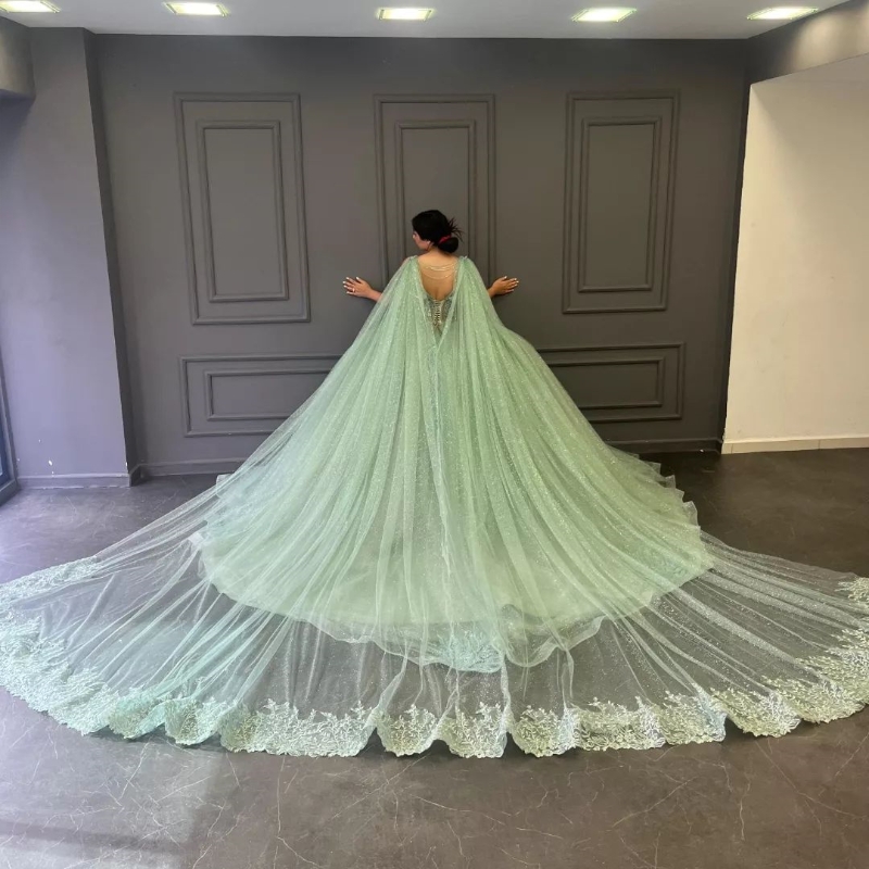 Sage Green Shiny Quinceanera Dresses With Cape Ball Gown Applique Lace Beading Tulle Lace-Up Backless Party Princess Sweet 16 Dress