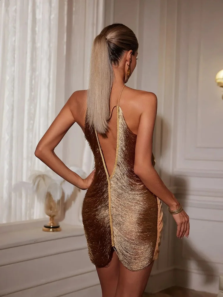 Sexy Glossy Backless Halter Sling Mini Dress Women Fashion Sleeveless Bodycon Short Dress Lady Chic Evening Party Gown 240921