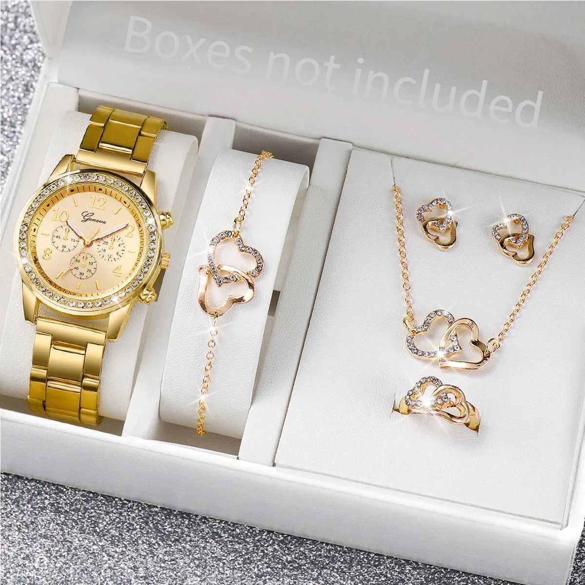 6PCS Set Rose Gold Luxury Watch Women Ring Necklace Earring Quartz Watch Double Heart Jewelry for Ladies Gift Set(Without Box)X240923