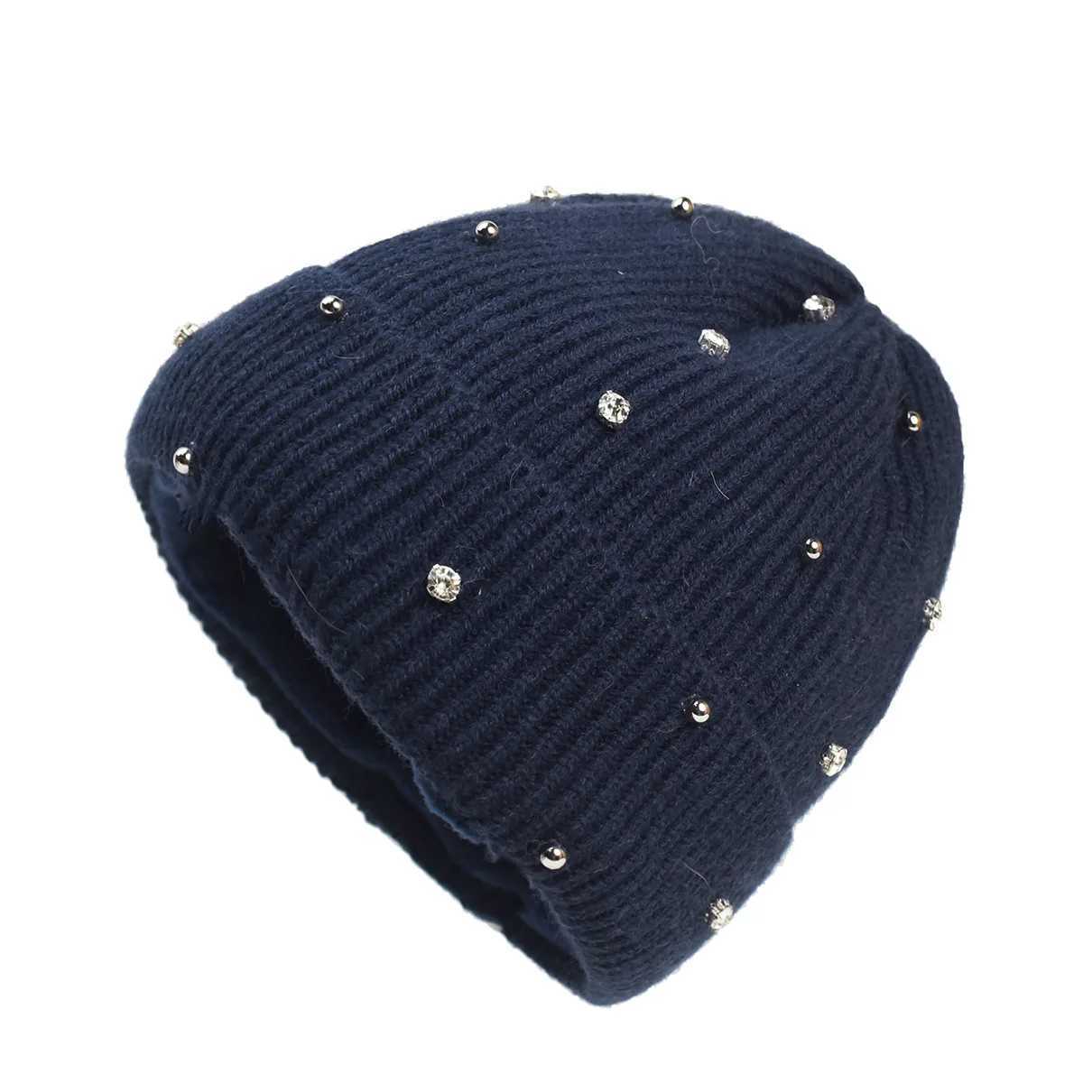 Beanie/Skull Caps New Solid Color Plush Knitted Hat for Women Winter Gradient Warm Wool C Female Pearl Beanies Outdoor Thickened Fashion Bonnet J24092