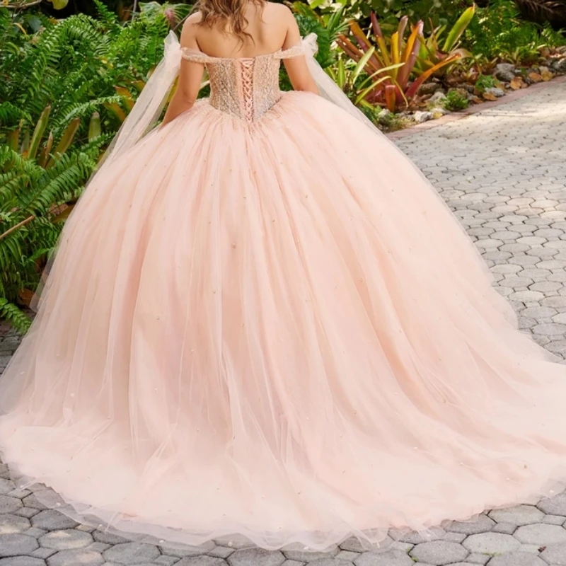 Champagne Quinceanera Dresses Off The Shoulder Mexican Vestidos De 15 Anos Beads Pearls Tull Princess Sweet 16 Birthday Ball Gown