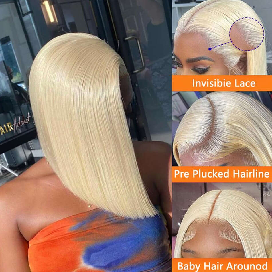 12 14 16 Inch 250 Density Straight Front Human Hair wig Short Transparent 13x6 Bob Lace Frontal Wigs 613 Honey Blonde Remy