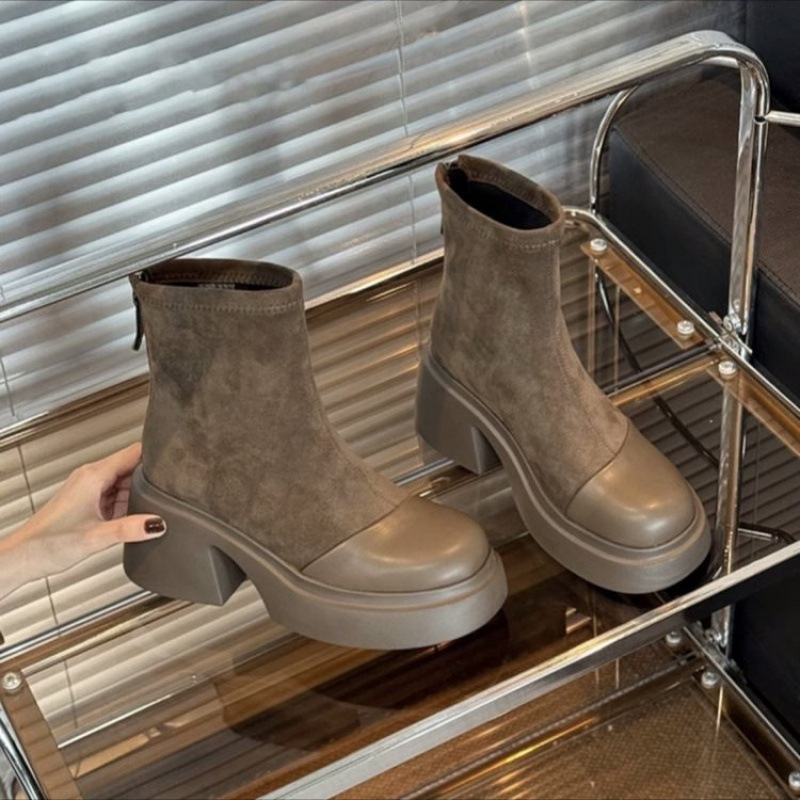 High Chunky Heel Boots for Women Versatile Winter Fashion | Round Toe Khaki aa9f