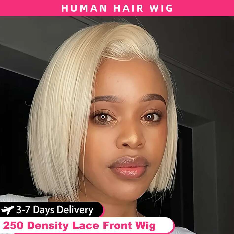 12 14 16 Inch 250 Density Straight Front Human Hair wig Short Transparent 13x6 Bob Lace Frontal Wigs 613 Honey Blonde Remy
