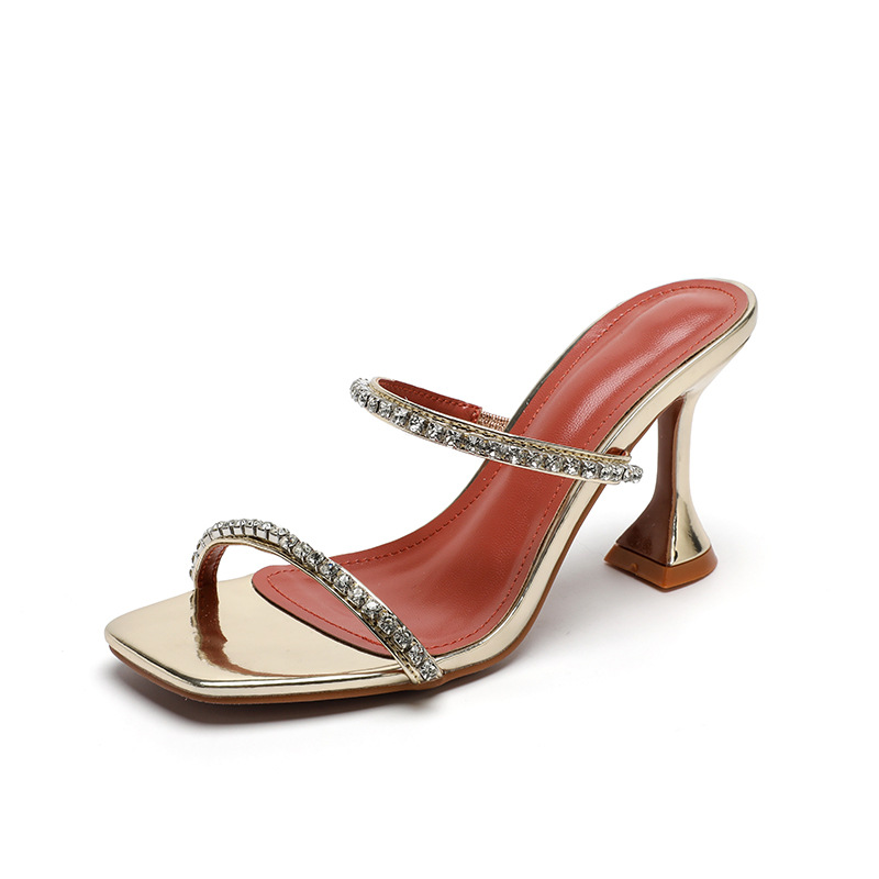 2025 S Fashion Designer Glitter Slides High Heeled Shoes Lady Square Toe Ladies Slippers Jelly Thin PU Crystal Fretwork Rubber Scandals Plus Size
