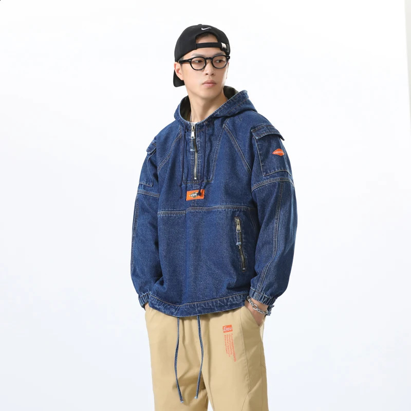 Spring Hooded Sports and Leisure Sweater 100% Cotton Loose Korean Stitching Cowboy Jacket Mens Wear 240921
