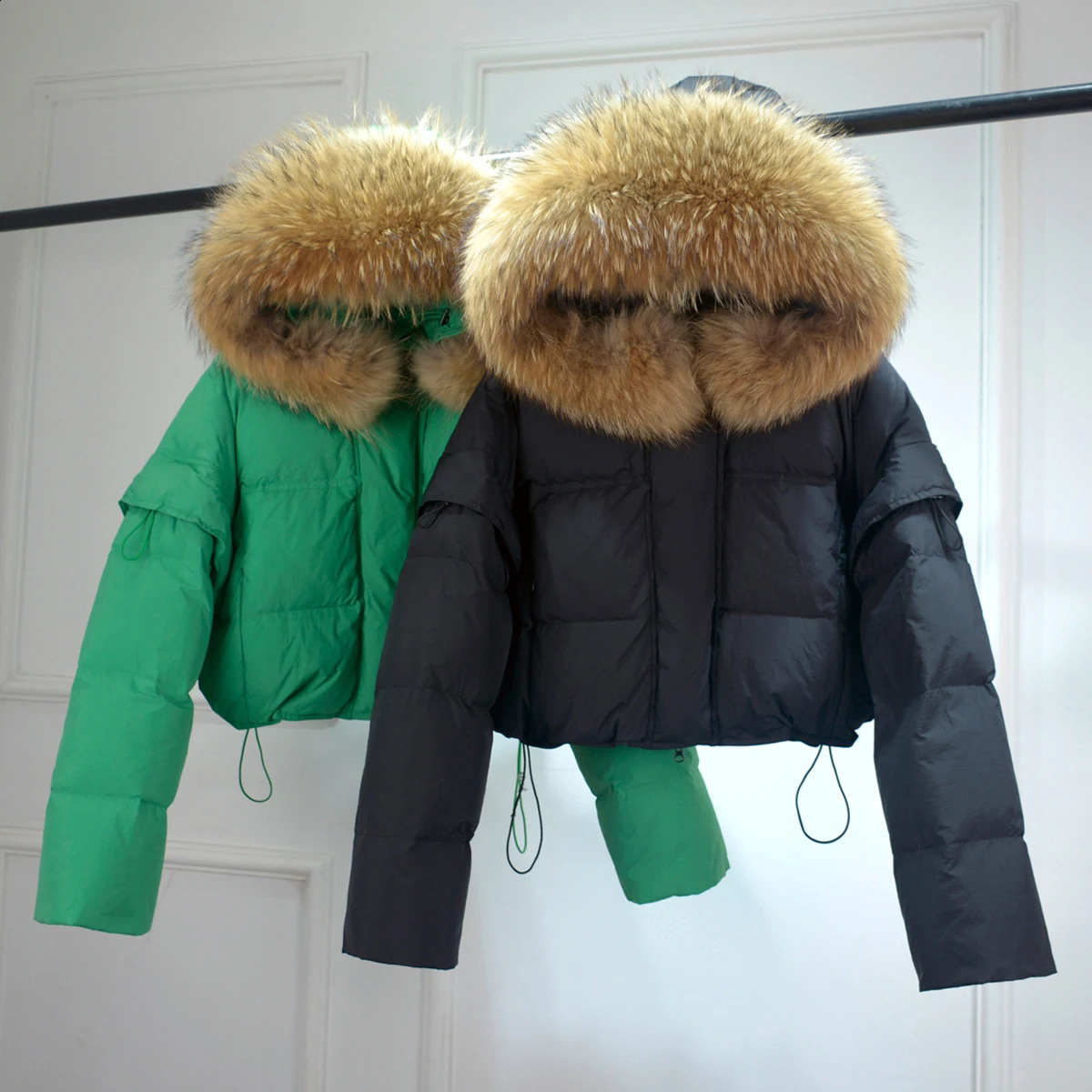 Dazhen Raccoon Fur Hooded Waterproof Winter Short Inflatable Jacket Detachable Sleeves Womens Duck Down Parka 240921