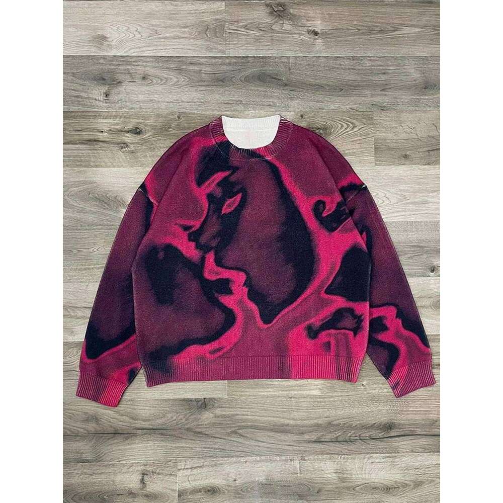 Tie Street Y2k Dye O Neck Knitted Pullover Men's Trendy Contrast Long Sleeve Sweater Jumper 2024 Male Haruku Cashmere Knitwear