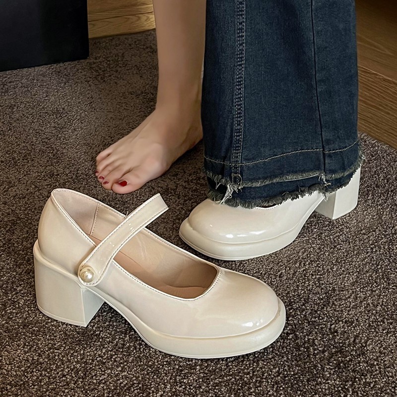 High Heel Shoes for Women: Elegant French Style, Thick Sole Height Increase, Leather Dress Wear - Triple Black Beige (2024) 2926