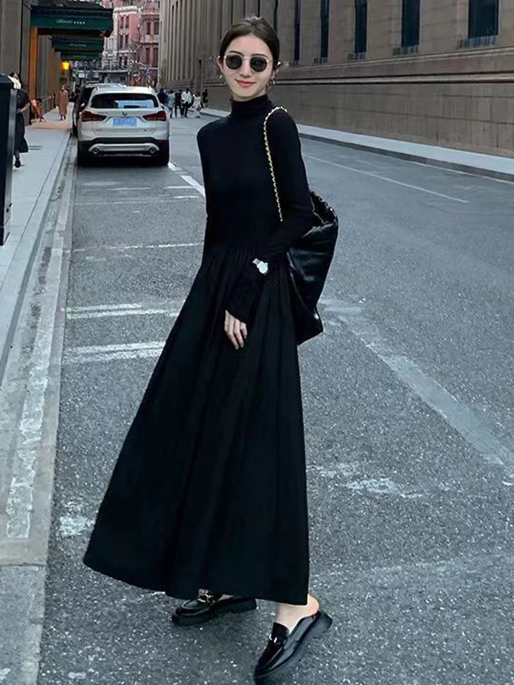 Autumn Winter Dress Women Elegant Long Sleeve Dresses Female Korean Fashion High Collar Long Dress Lady Vintage Chic Solid Robe 240913