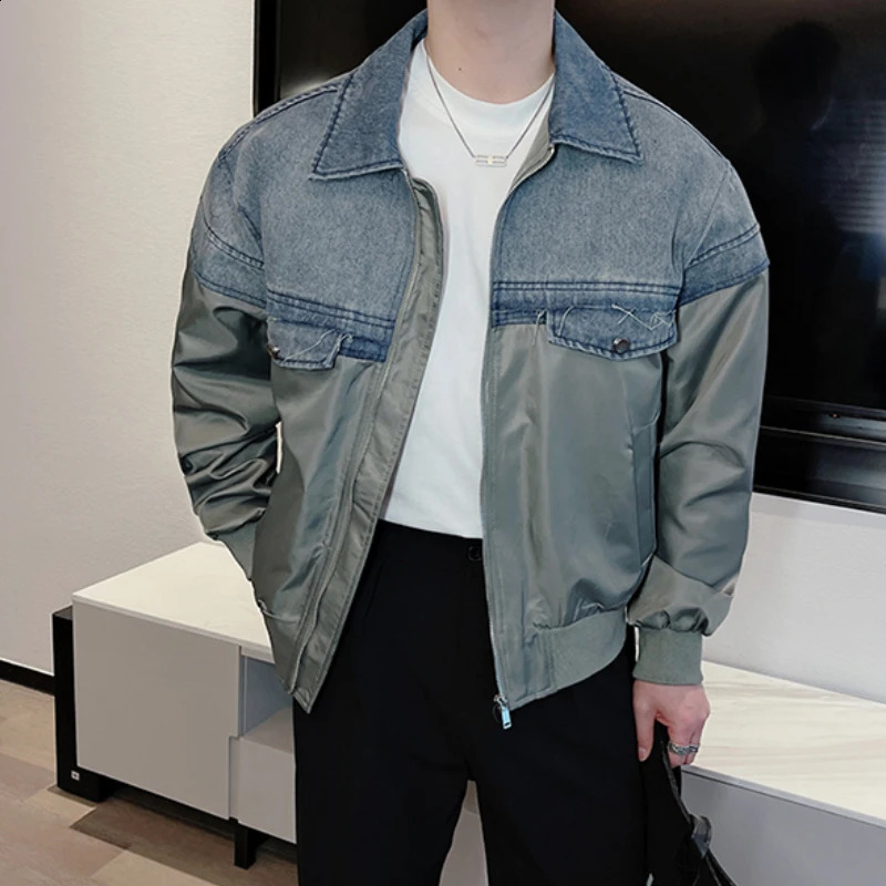 fashion patch work denim jacket mens loose casual baseball lapel streetwear social hiphop Harajuku 240921