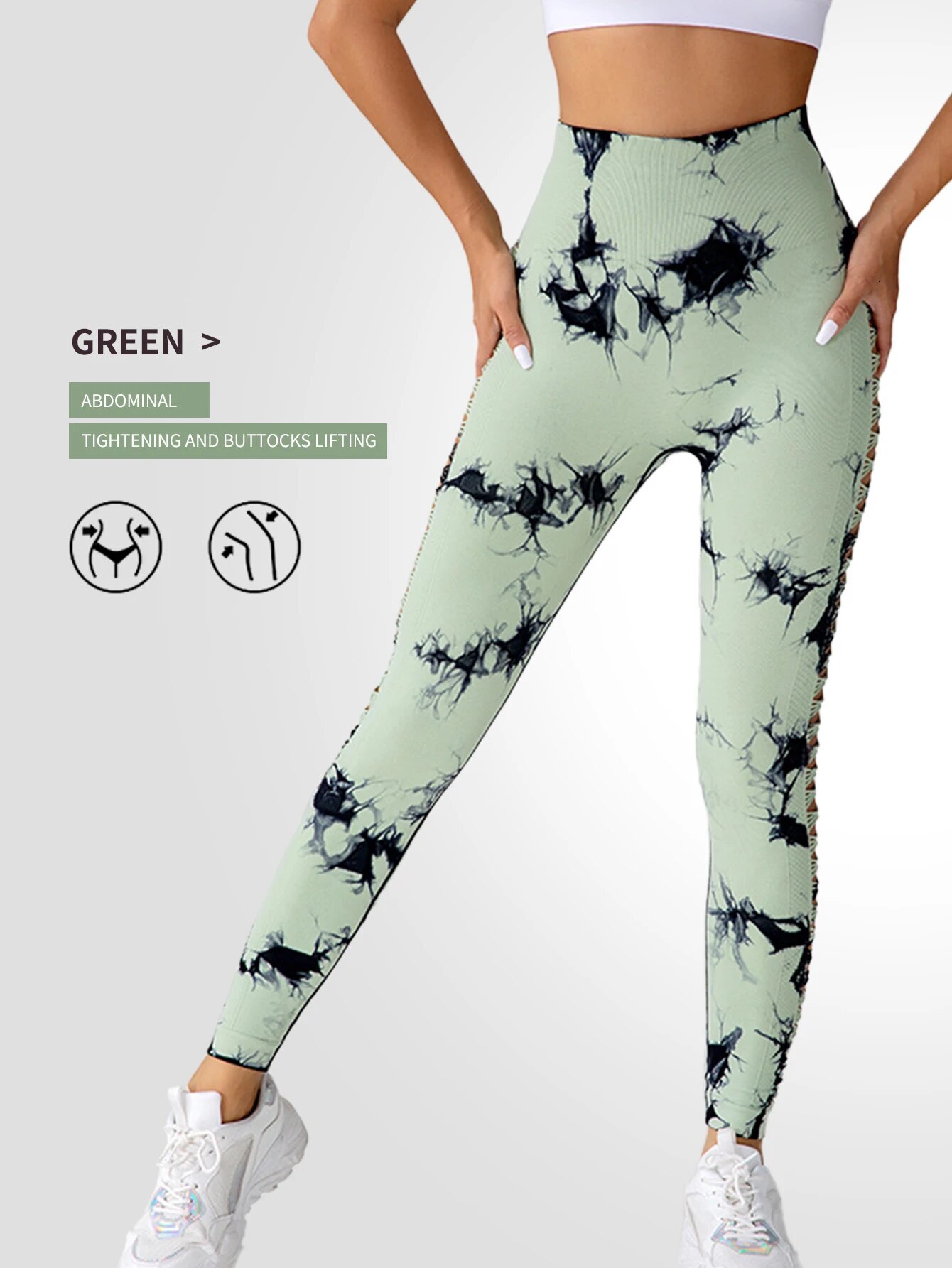 Tie Dyed Hole Cut Out Peach Hip Tight Sports Yoga Pants Exposed To Suspension