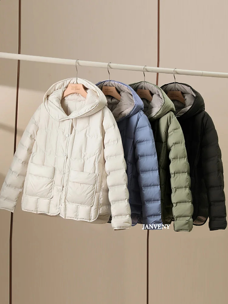 JANVENY Winter Hooded Light Inflatable Jacket Womens Solid Color Versatile Portable Parka 90 White Duck Down Short Sleeve Warm Coat 240921