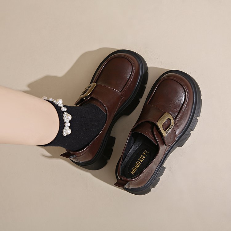 Casual Women's Leather Loafers: Versatile Platform Shoes for Height and Style - Black & Brown 7405