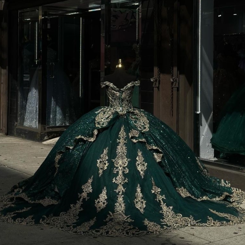 Blackish Green Shiny Quinceanera Dresses Gold Appliques Lace Beads Lace-Up Corset Party Birthday Sweet 16 Dress Vestido De 15 Anos