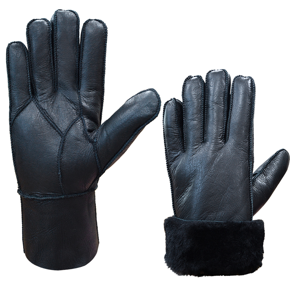 Winter Outdoor Solid Thickened Style Genuine Leather Fur Lined Gloves Mittens Wool Gloves For Men