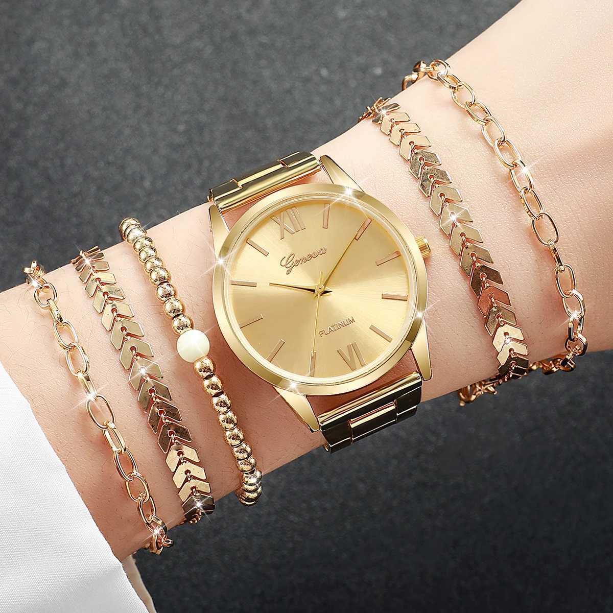 6PCS Womens Watch Fashion Gold Steel Band Quartz Watches Bracelets SetWithout BoxX240923