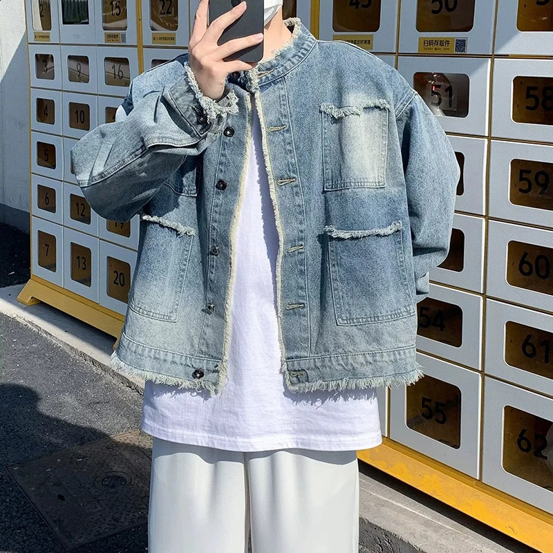 Mens stand up collar denim jacket single chest casual windproof bomber street retro burr autumn fashion 240921