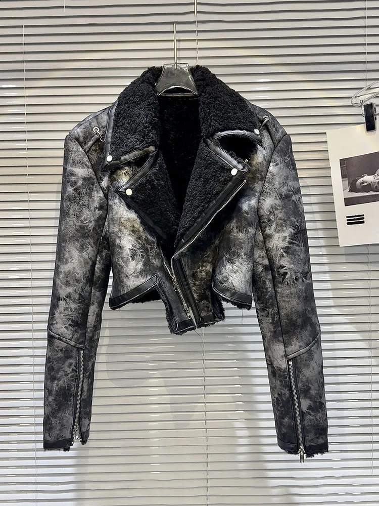 DEAT retro womens tie dye fur lapel PU leather coat winter fashion long sleeved zipper jacket womens 11X6973 240921