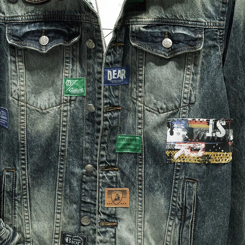Paste fabric embroidery motorcycle denim jacket mens street retro loose fashion clothing 240921