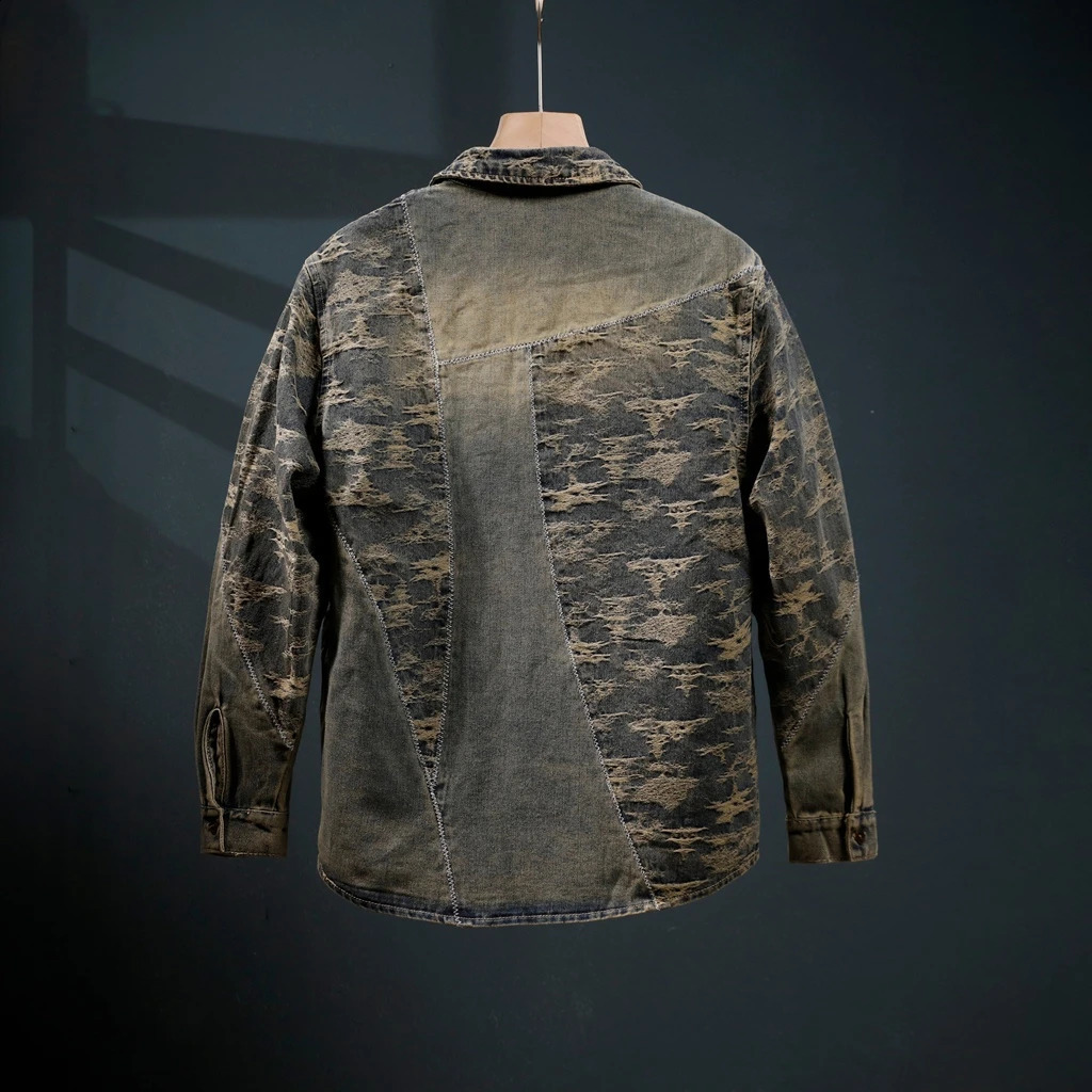 High end retro washed denim mens jacket for springsummer embossed collar casual long sleeved shirt 240921
