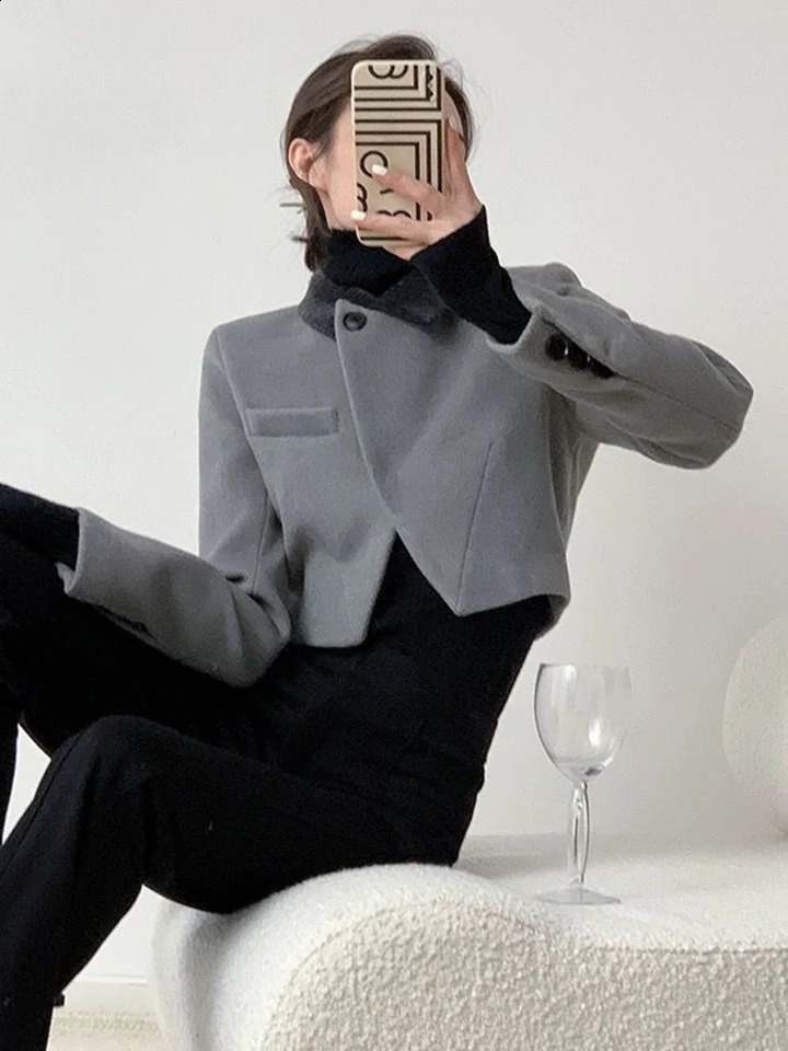 Zoki Vintage Streetwear Cropped Tweed Blazer Women Harajuku Grey Short Coat French Long Sleeve Casual Female Y2K Jacket 240918