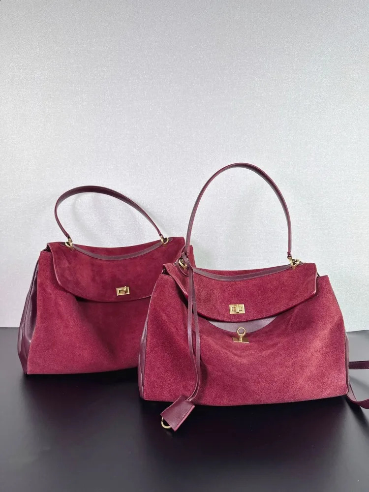 Womens suede leather retro handbag womens work large capacity shoulder splicing belt cross bag 240923