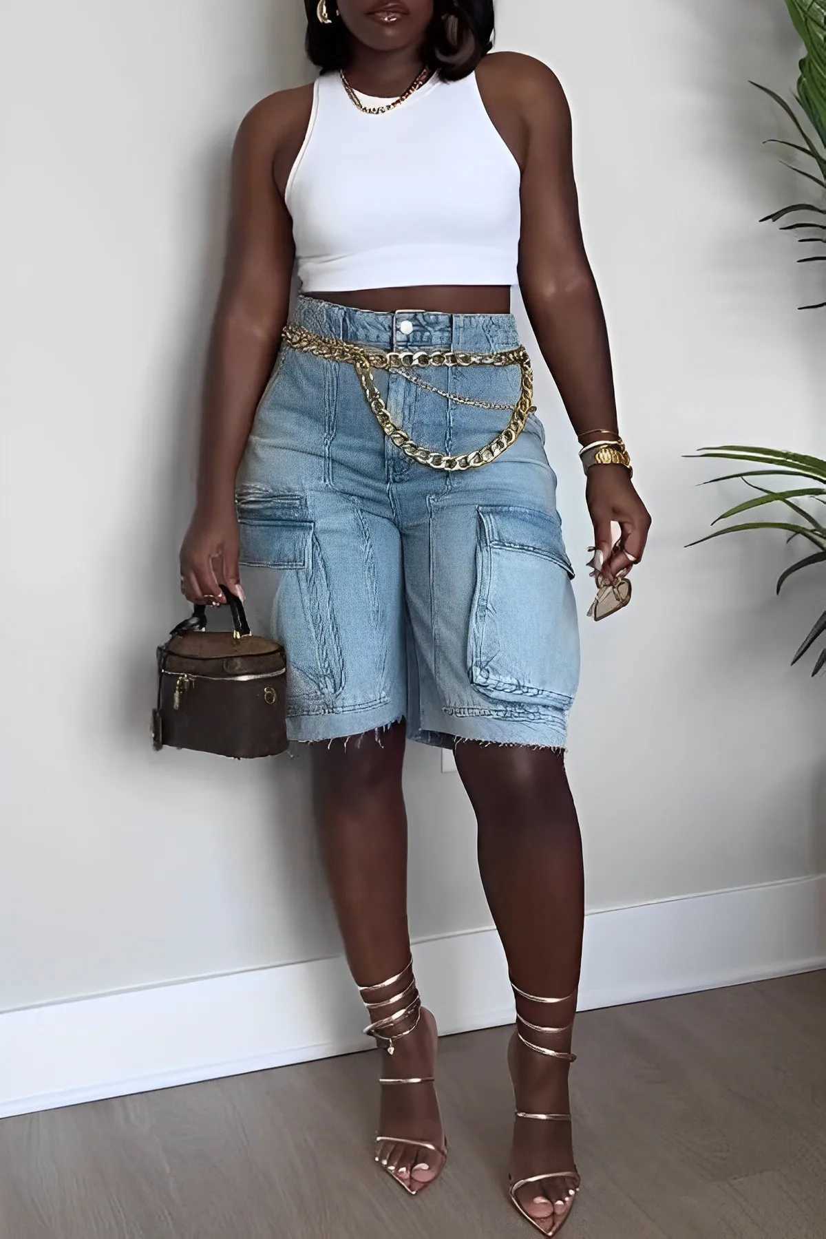 Spring/Summer Womens Denim Cargo Shorts Multi-Pocket Comfortable Casual Loose Solid Color Ladies Quarter PantsX240918