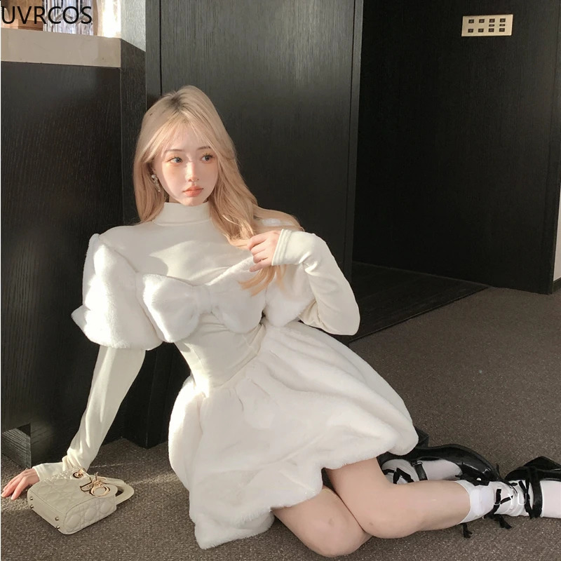 Winter Sweet Half High Collar Lolita Dress Women Elegant Plush Patchwork Bow Party Mini Dresses Korean Style Casual Slim Dresses 240913