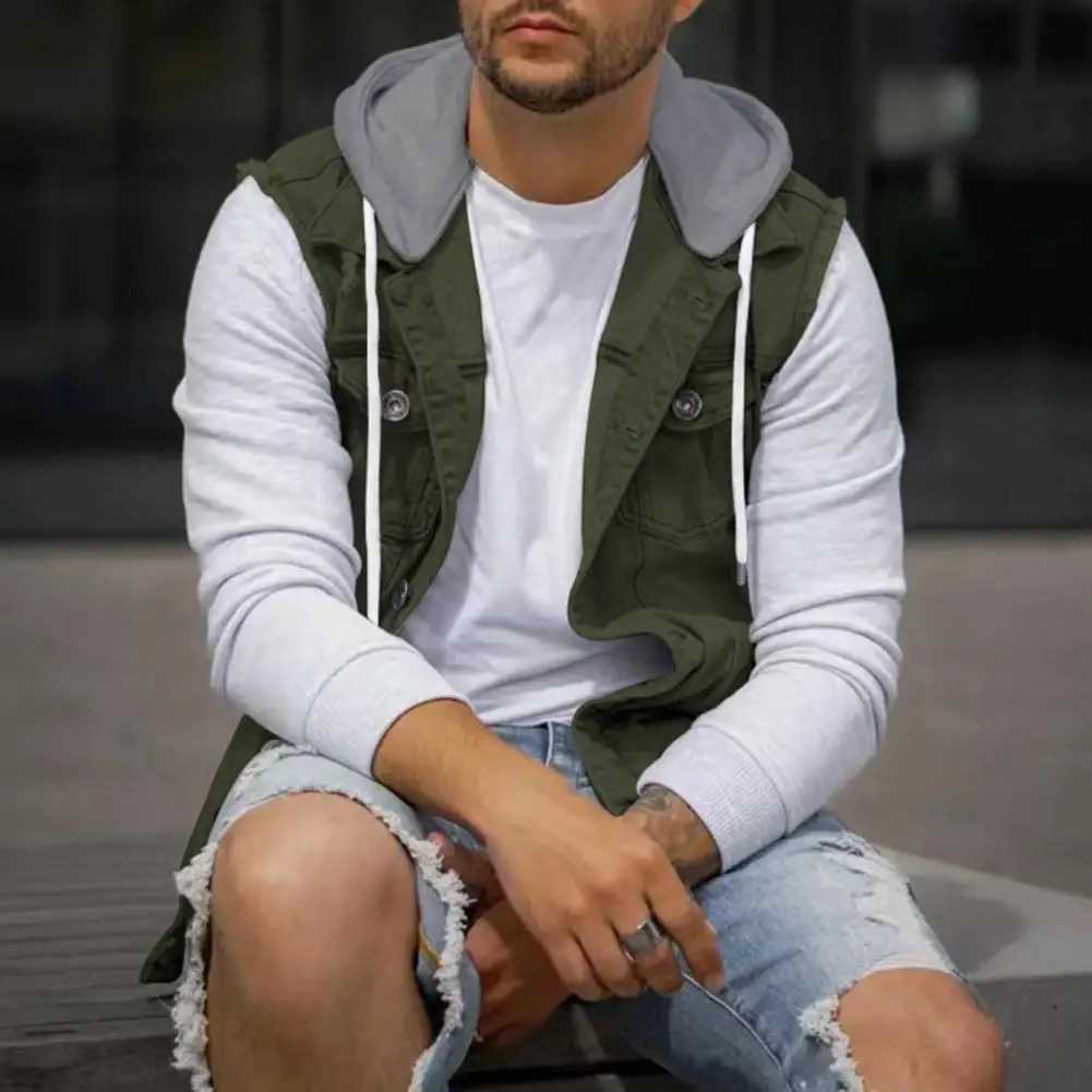 Autumn and winter mens vest jacket denim patch work hoodie waist jacket single chest brushed mens cargo vest W240923
