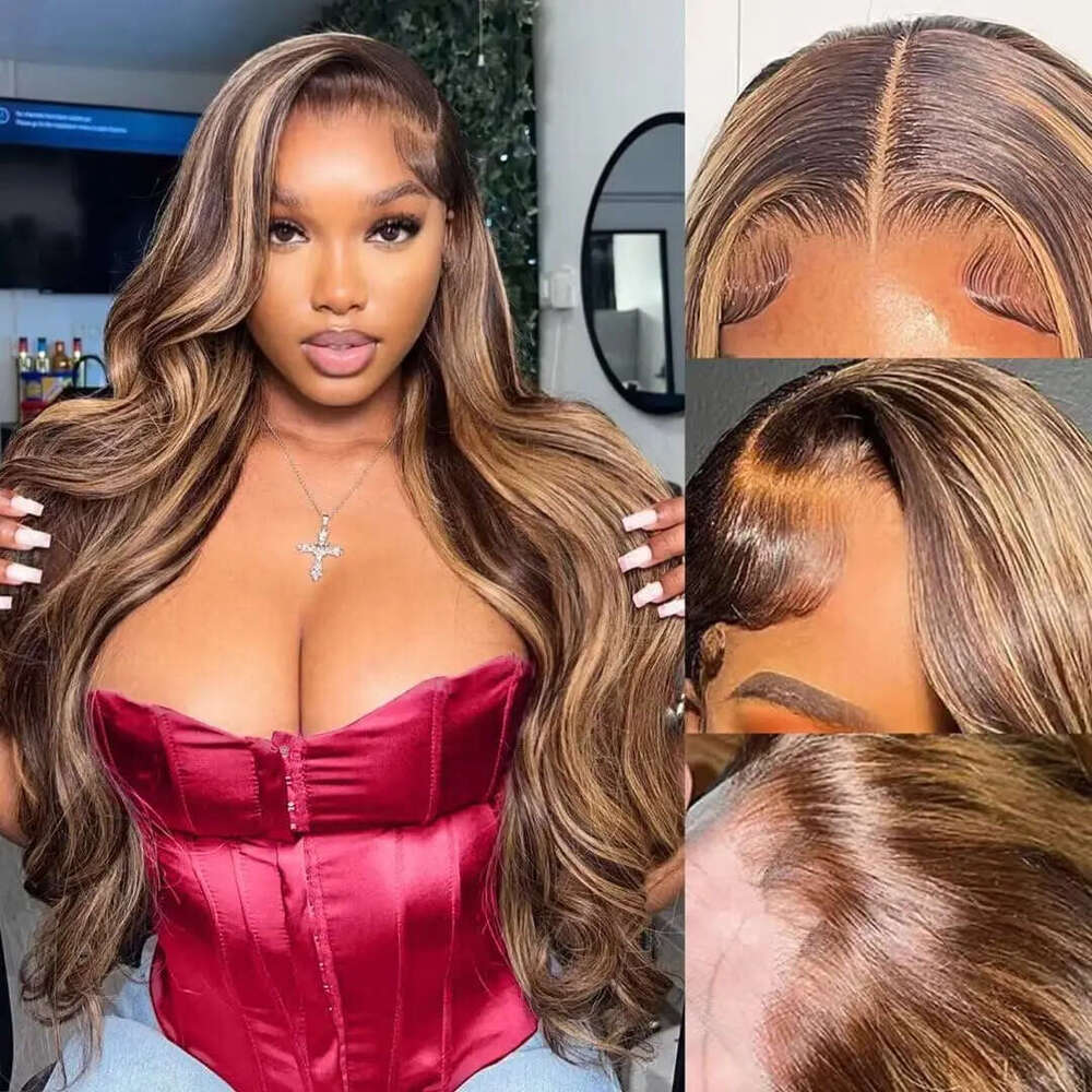 Highlight Body Wave 13x4 HD Front Human Hair Wigs For Women Honey Blonde Transparent Lace Frontal Wig
