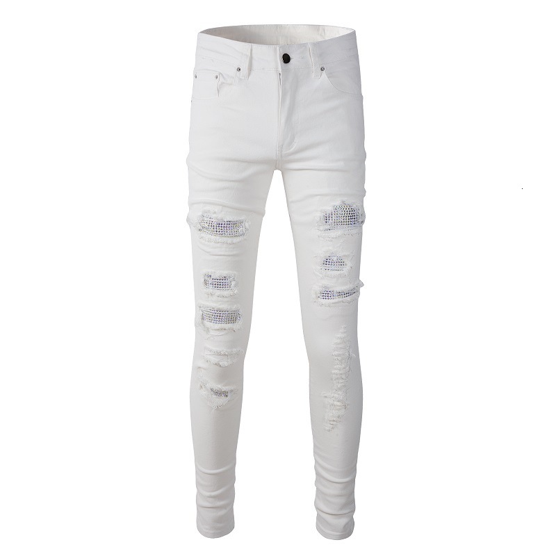 Foreign trade best-selling high street perforated patch with diamond studded elastic slim fit white jeans 625