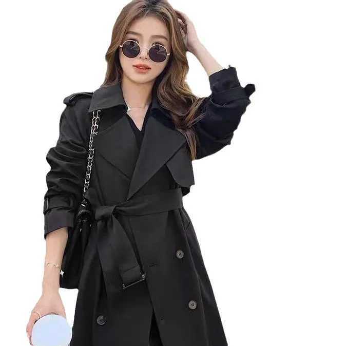 Medium length trench coat womens spliced full sleeve double chest lapel lace waistband jacket long coat temperature W240923