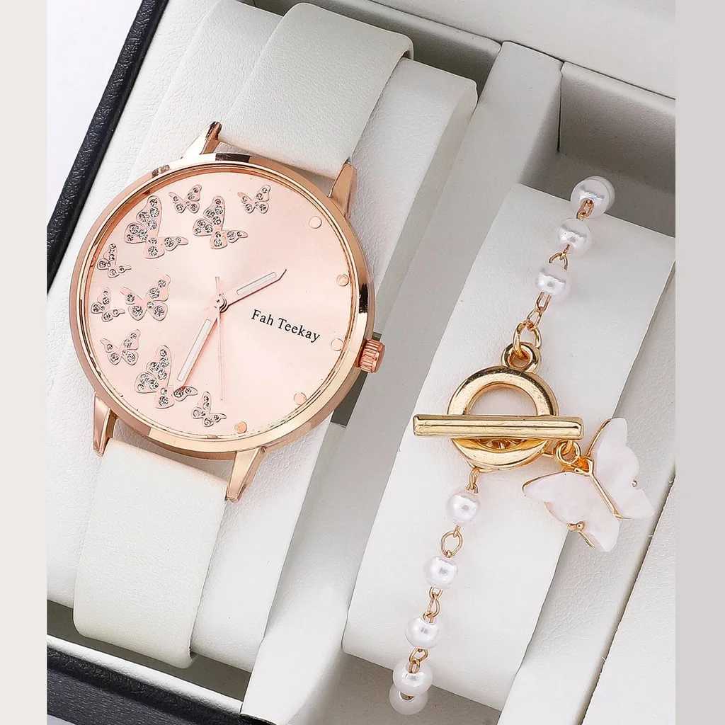2pcs/set fashion Butterfly pattern rhinestone pu leather women wrist watchX240923