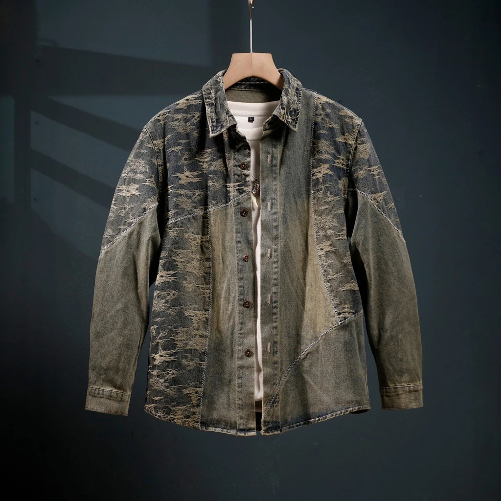 High end retro washed denim mens jacket for springsummer embossed collar casual long sleeved shirt 240921