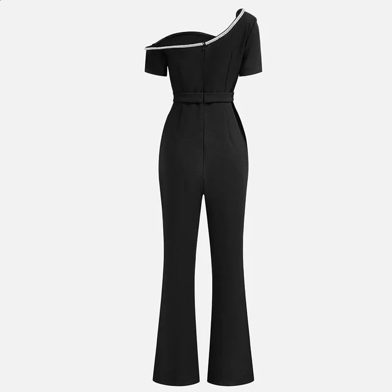 Heat resistant solid combination womens fashionable irregular long shoulder jumpsuit high street short sleeved flash pants onepiece 240918