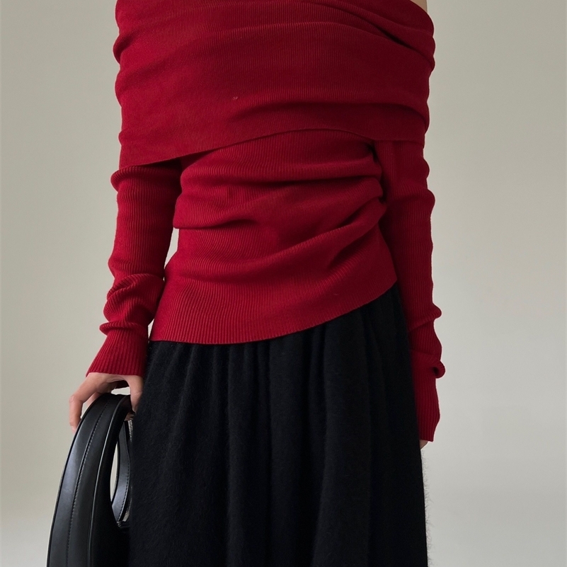 AOSSVIAO Autumn Winter Off Shoulder Women Sweaters Elegant Vintage Knitted Solid Jumper High Stretch Top Soft Chic Pullovers i240921