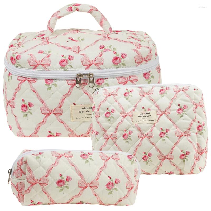 Free Shipping Cosmetic Bags 3pcs Aesthetic Organizer Set Quilted Cotton Sweet Women Makeup Pouch Cherry/heart Pattern Skincare Clutch Toiletry Bag