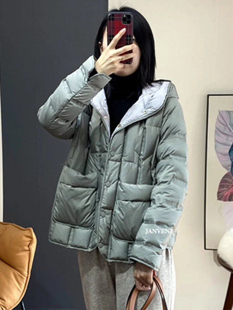 JANVENY Winter Hooded Light Inflatable Jacket Womens Solid Color Versatile Portable Parka 90 White Duck Down Short Sleeve Warm Coat 240921