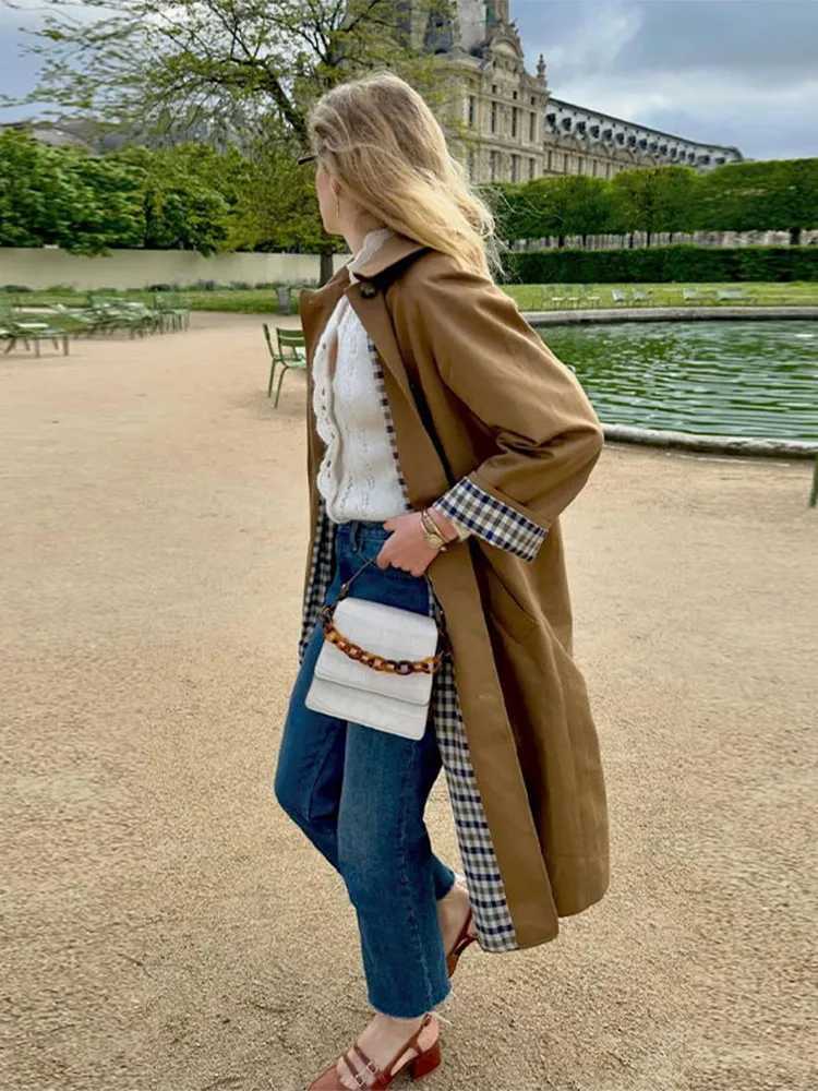 Womens casual khaki plain collar long coat fashionable single corset pocket 2024 autumn womens commuting windproof W240923