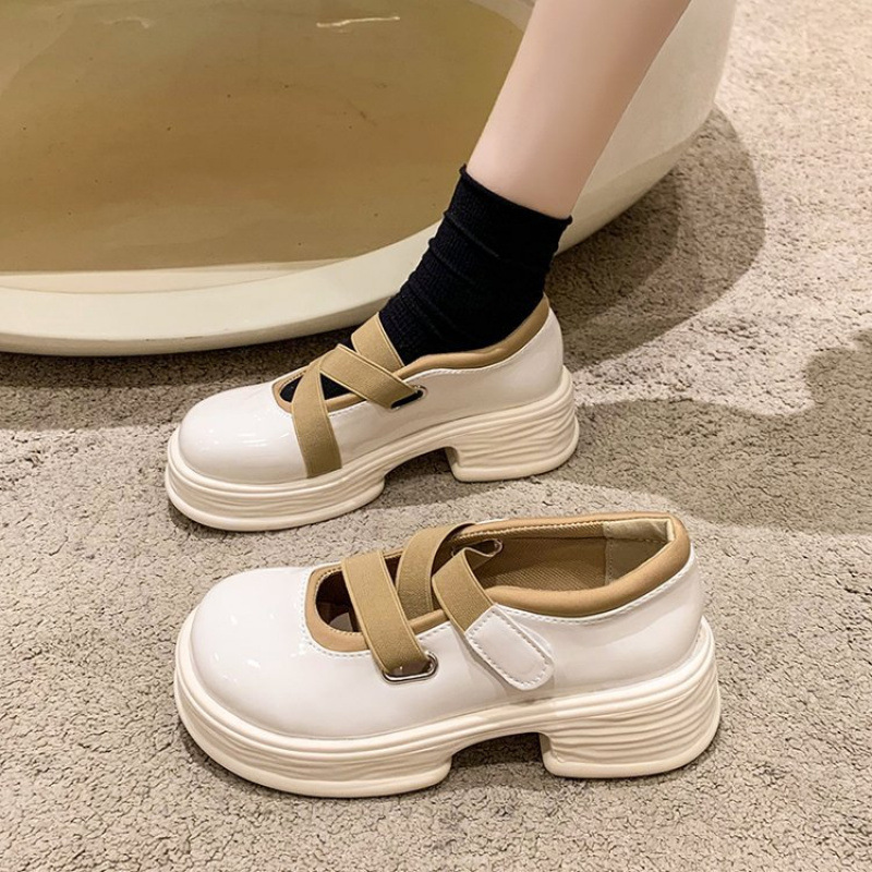 Women's Leather Chunky Heel Height Increase Casual Shoes in Black and Beige 59f8