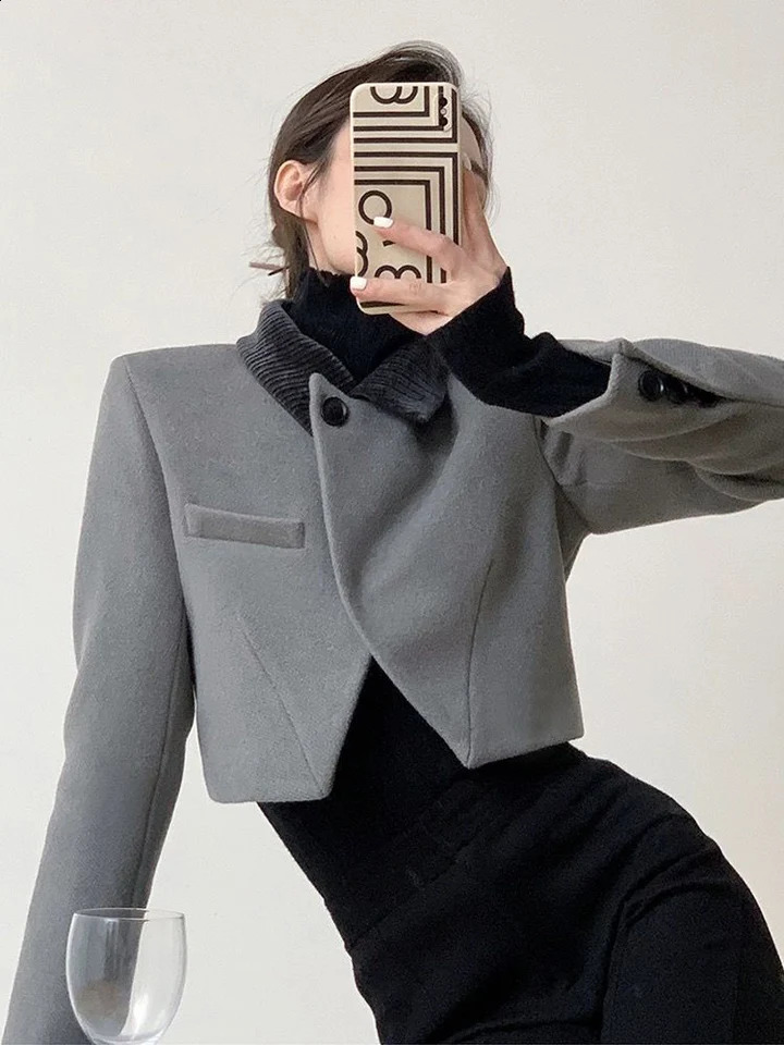 Zoki Vintage Streetwear Cropped Tweed Blazer Women Harajuku Grey Short Coat French Long Sleeve Casual Female Y2K Jacket 240918