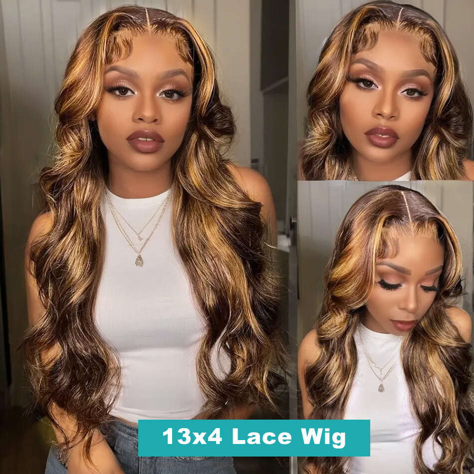 250 Density 4/27 Highlight Brown Color Body Wave 13x4 Front Transparent Lace Frontal Short Bob Human Hair Wigs